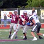 RYAN SPARKS | THE DAILY WORLD Montesano quarterback Jayden McElravy (11) throws a touchdown pass in the first quarter of a 43-0 victory over Cascade Christian on Friday in Montesano.