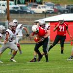 PHOTO BY SHAWN DONNELLY Montesano linebacker Jared Whisenhunt (45) makes a tackle during Montes 53-0 victory over Columbia-White Salmon on Thursday in Columbia.
