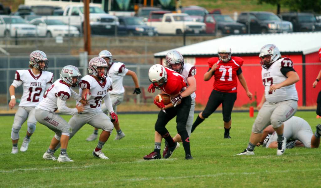 PHOTO BY SHAWN DONNELLY Montesano linebacker Jared Whisenhunt (45) makes a tackle during Montes 53-0 victory over Columbia-White Salmon on Thursday in Columbia.