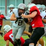 PHOTO BY SHAWN DONNELLY Montesano lineman John Southard (72) blocks against Columbia-White Salmon on Sept. 16. Montesano will face 2B powerhouse Napavine on Friday after COVID concerns caused the cancelation of the Bulldogs game against La Center.