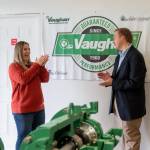 Stacie Vaughan, CFO of Vaughan Industries, accepts the 2021 AWB Manufacturer of the Year award from AWB President Kris Johnson on Oct. 1, 2021, during a visit by the AWB Manufacturing Week bus tour to Vaughans Montesano facility. (Photo: Brian Mittge/AWB).
