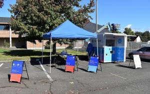 DAN HAMMOCK | THE DAILY WORLD 
The Curative COVID-19 testing kiosk at the Pearsall Building in Aberdeen tested more than 100 people Monday, a pretty typical day since the fifth wave of the pandemic cranked up in September. Testing is free, go to curative.com to schedule a test, the kiosk is open 7 a.m. to noon weekdays.