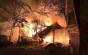 Courtesy of Grays Harbor Fire District 1
A fire destroyed a cabin near Oakville early Monday morning, Oct. 11, 2021.