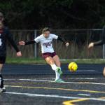 ALEC DIETZ | THE CHRONICLE Montesano midfielder Vanna Prom (24) passes the ball during the Bulldogs 3-0 win over Tenino on Thursday in Tenino.