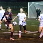 RYAN SPARKS | THE DAILY WORLD Montesano midfielder and leading scorer Mikayla Stanfield draws attention from Elmas Aaleigha Weld (14) and Grace Spencer (19) during Thursdays 1A Evergreen League game in Montesano.