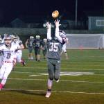 RYAN SPARKS | THE DAILY WORLD Montesano wide receiver Caydon Lovell (35) hauls in a pass during the Bulldogs 61-0 win on Friday at Jack Rottle Field in Montesano. Lovell caught four passes for 121 yards and a pair of touchdowns in the game.