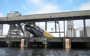 photo by Lee First 
A temporary conveyor system was put in place at the AGP terminal at the Port of Grays Harbor, with the hope that the system allows for the loading of ships for the first time in two months.