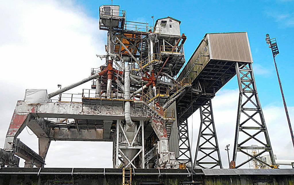 photo by Lee First 
The AGP conveyer at the Port of Grays Harbors Terminal 2 was damaged Sept. 1, 2021. Details are sketchy but nobody was injured. A temporary conveyor system is being installed to load ships as plans are made for repair.