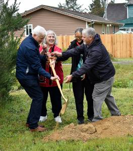 DAN HAMMOCK | THE DAILY WORLD 
Breaking ground at the Shoalwater Bay Tribes tsunami evacuation tower May 17 were, from left, state Emergency Management Director Robert Ezelle, retired tribe emergency management director Lee Shipman, Shoalwater Bay Tribe Chairwoman Charlene Nelson, and FEMA Region 10 Administrator Vince Maykovich.