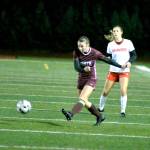 RYAN SPARKS | THE DAILY WORLD Montesanos Jaiden Morrison (7) sends a cross toward the front of the Tenino net during the Bulldogs 4-0 win over Tenino in a 1A District 4 semifinal game Thursday at Jack Rottle Field in Montesano. Morrison scored two goals in the match to lead Monte to its second-straight berth in the district-championship game.