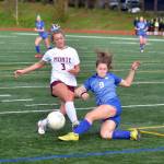 RYAN SPARKS | THE DAILY WORLD Montesanos Sierra Birdsall (3) and La Centers Emma Seter collide during the 1A District 4 title game on Saturday at Kings Way Christian High School in Vancouver.
