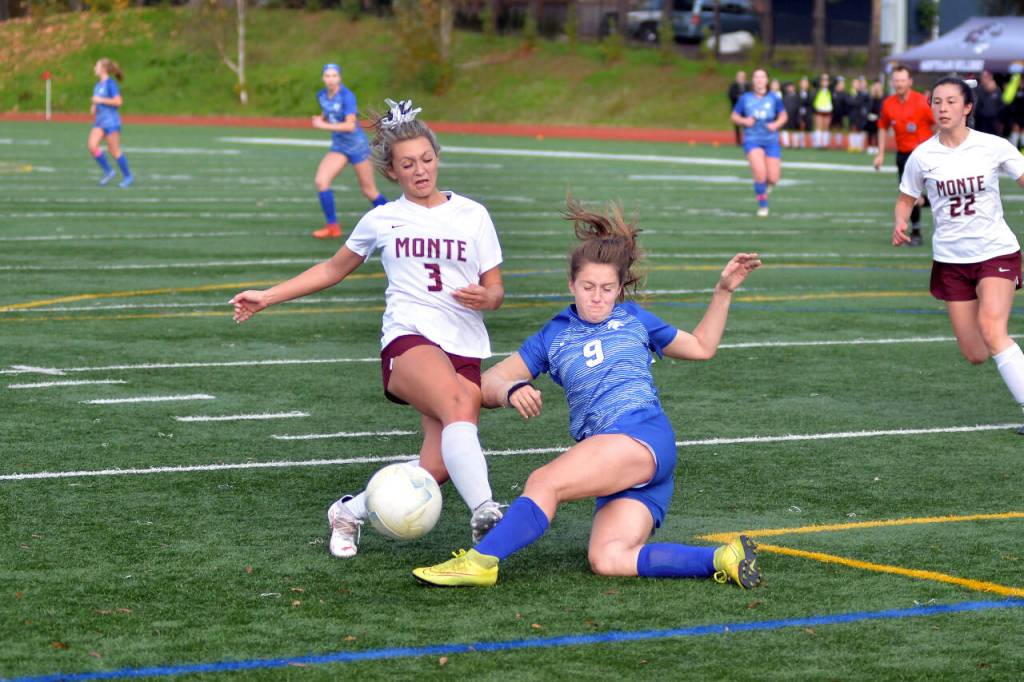 RYAN SPARKS | THE DAILY WORLD Montesanos Sierra Birdsall (3) and La Centers Emma Seter collide during the 1A District 4 title game on Saturday at Kings Way Christian High School in Vancouver.