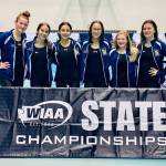 SUBMITTED PHOTO Aberdeen swimmers (from left) Kennedy Hatton, Mija Hood, Litzy Orona, Anna Matisons, Ava Benn and Keara Burns helped the Bobcats to a 14th place finish at the WIAA 2A State Girls Swim & Dive Championships on Saturday at King County Aquatic Center in Federal Way.