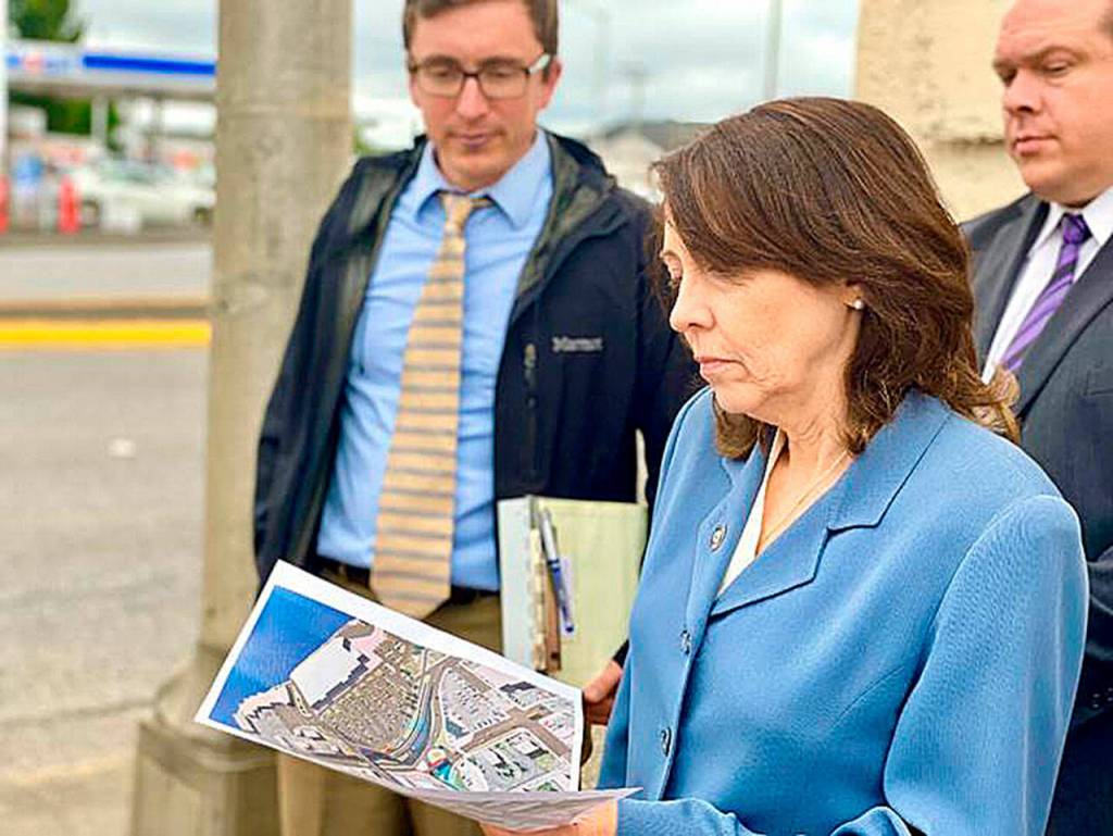 Courtesy of sen. Maria Cantwell 
Sen. Maria Cantwell got an on-the-scene view of the East Aberdeen rail separation project area in June. Behind her are former Aberdeen City Engineer Kris Koski and Hoquiam Mayor Ben Winkelman.