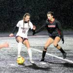 DAILY WORLD FILE PHOTO 
Montesano forward Mikayla Stanfield (10) dribbles against Teninos Emma Barr during the Bulldogs 4-2 penalty-kick shootout victory over the Beavers in a 1A State quarterfinal matchup on Saturday, Nov. 13, 2021, at Tenino High School. Stanfield and the Bulldogs face No. 3 Deer Park in the state semifinals at 2 p.m. Friday at Shoreline Stadium in Shoreline.