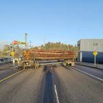 Courtesy of Aberdeen Police Department 
A jackknifed log truck snarled traffic on East Heron Street in Aberdeen Tuesday afternoon, Nov. 16, 2021. A mechanical failure at the reach appears to have caused the incident.