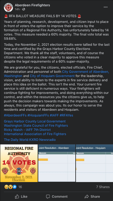 The debuke from the Aberdeen Firefighters' Facebook page about the attempt to form a regional fire authority between Aberdeen and Hoquiam, which failed by 14 votes.