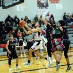 RYAN SPARKS | THE DAILY WORLD Raymond senior Tre Seydel (12) coasts to the basket for two of his game-high 29 points during the Seagulls 87-53 victory on Wednesday in Raymond.