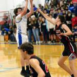 RYAN SPARKS | THE DAILY WORLD
Elma's Logan Witt hits a jump shot during the Eagles 69-46 victory on Friday in Elma. Witt scored 20 points to lead all scorers.