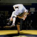 RYAN SPARKS | THE DAILY WORLD North Beachs Johnny Jerome picks up Sheltons Ty Lacy during the final match of the 220 pound weight class at the Grays Harbor Championships boys wrestling meet Saturday at Aberdeen High School.