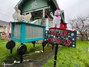 Michele Crane's "Christmas Wonderland" in the 2500 block of Queets Avenue, in Hoquiam, features a variety of Christmas classics, such as the "Polar Express." The friendly polar bear and geese atop the hand-built train cars greet passersby.