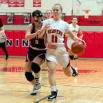 ALEC DIETZ | THE CHRONICLE Montesano guard Jaiden King (5) defends Tenino guard Megan Letts during the Bulldogs 58-34 win on Saturday in Tenino.
