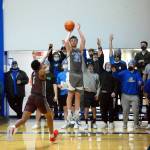 RYAN SPARKS | THE DAILY WORLD Grays Harbors Tristan Schoepf (44) buries a 3-pointer during the second half of the Chokers 80-75 loss to Pierce College on Wednesday at Grays Harbor College.