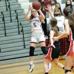 RYAN SPARKS | THE DAILY WORLD Montesano guard Jaiden King (5) scores on a jump shot in the second half of the Bulldogs 51-43 victory over Tenino on Friday in Montesano. King scored a game high 19 points in the contest.