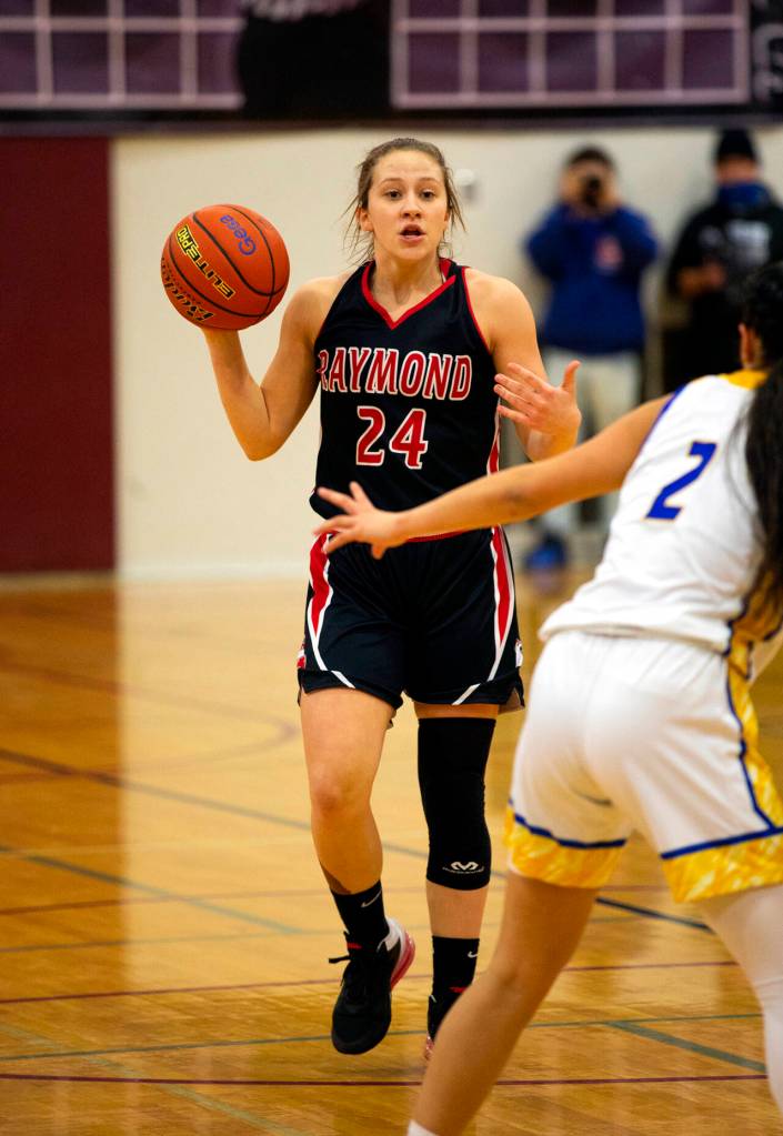 PHOTO BY KEVIN MILLER Raymond freshman Karsyn Freeman scored 24 points in a 68-60 victory over Chief Leschi in the 2B District 4 championship game on Saturday in Chehalis.