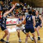 PHOTO BY LARRY BALE Willapa Valleys Lanissa Amacher, middle, is surrounded by the Naselle defense during the Vikings 33-24 loss on Saturday at Montesano High School.