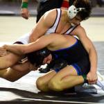 PHOTO BY SUE MICHALAK BUDSBERG Montesanos Mateo Sanchez, top, wrestles Deer Parks Bryon Newby in the 1A 182 pound state-championship match on Saturday at the Mat Classic XXXIII meet in Tacoma.