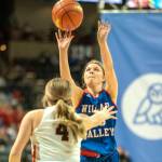 ERIC TRENT | THE CHRONICLE Willapa Valley point guard Brooklyn Patrick puts up a jump shot against Pomeroys Chase Caruso (4) during the Vikings 46-32 loss in the first round of the WIAA 1B State Basketball Tournament on Wednesday in Spokane. Patrick led Willapa Valley with 10 points.