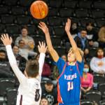 ERIC TRENT | THE CHRONICLE Willapa Valley guard Riley Pearson, right, set a 1B State Tournament single-game record with nine made 3-pointers in a 65-59 loss to Lummi Nation on Friday at the Spokane Arena.
