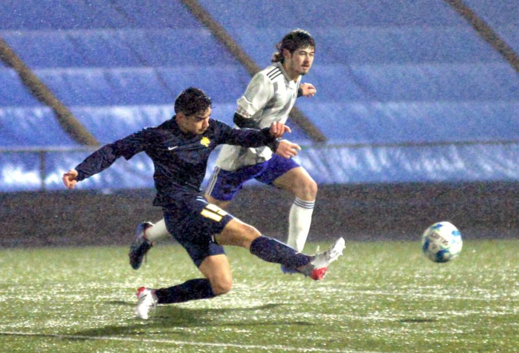 RYAN SPARKS | THE DAILY WORLD Aberdeen forward Carlos Mendoza rips a shot during the second half of a 1-1 draw with Elma on Saturday at Stewart Field in Aberdeen.