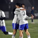 RYAN SPARKS | THE DAILY WORLD Elma forward Manny Hernandez (3) celebrates with teammates René Duran (2) and Valencia Mendoza after scoring a goal early in the first half against Aberdeen on Saturday in Aberdeen.