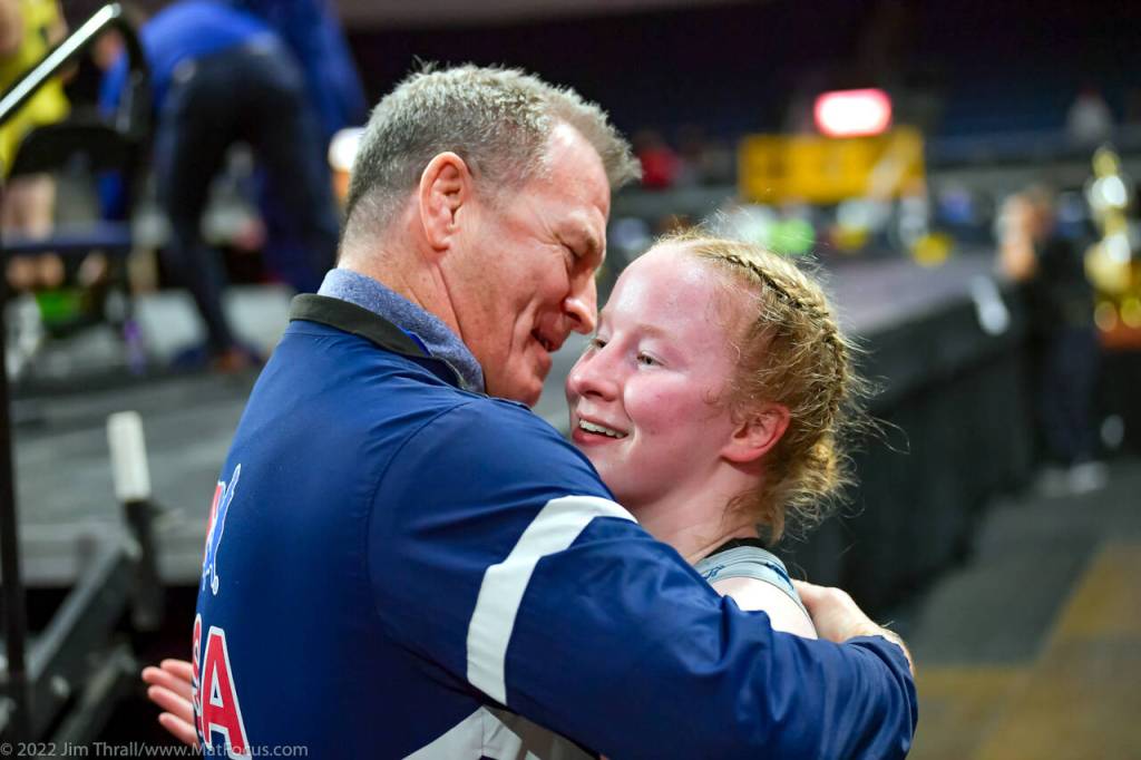 JIM THRALL | MATFOCUS.COM Grays Harbor Choker Tatum Pine, right, and her father and head coach Kevin Pine were all smiles after Tatum won the NCWA National Championship in the womens 130 pound weight class on Saturday in Allen, Texas.