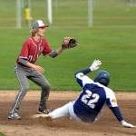 RYAN SPARKS | THE DAILY WORLD Aberdeens Trevon Nichols (22) slides into second base with a run-scoring double in front of Hoquiam shortstop Zander Jump (11) during the Bobcats 20-1 win over Hoquiam on Wednesday at Olympic Stadium in Hoquiam.