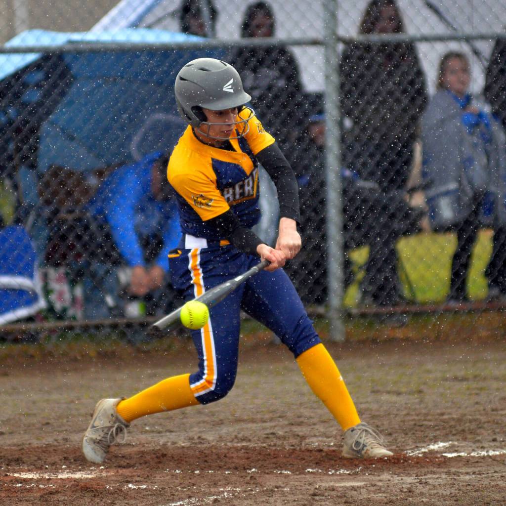 RYAN SPARKS | THE DAILY WORLD Aberdeen third baseman Maddie Gore triples to right field during the Bobcats 6-1 victory over Elma on Saturday in Elma.