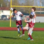 RYAN SPARKS | THE DAILY WORLD Montesanos Daniel Vasquez (22) heads the ball forward during the Bulldogs 3-1 win on Tuesday at Sea Breeze Oval in Hoquiam.