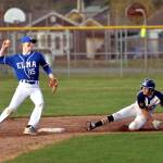 RYAN SPARKS | THE DAILY WORLD
Elma infielder JT Tiffany (15) turns a double play on Aberdeens Kyle Miller during Aberdeens 6-1 win on Thursday, March 24, 2022, at Pioneer Park in Aberdeen.