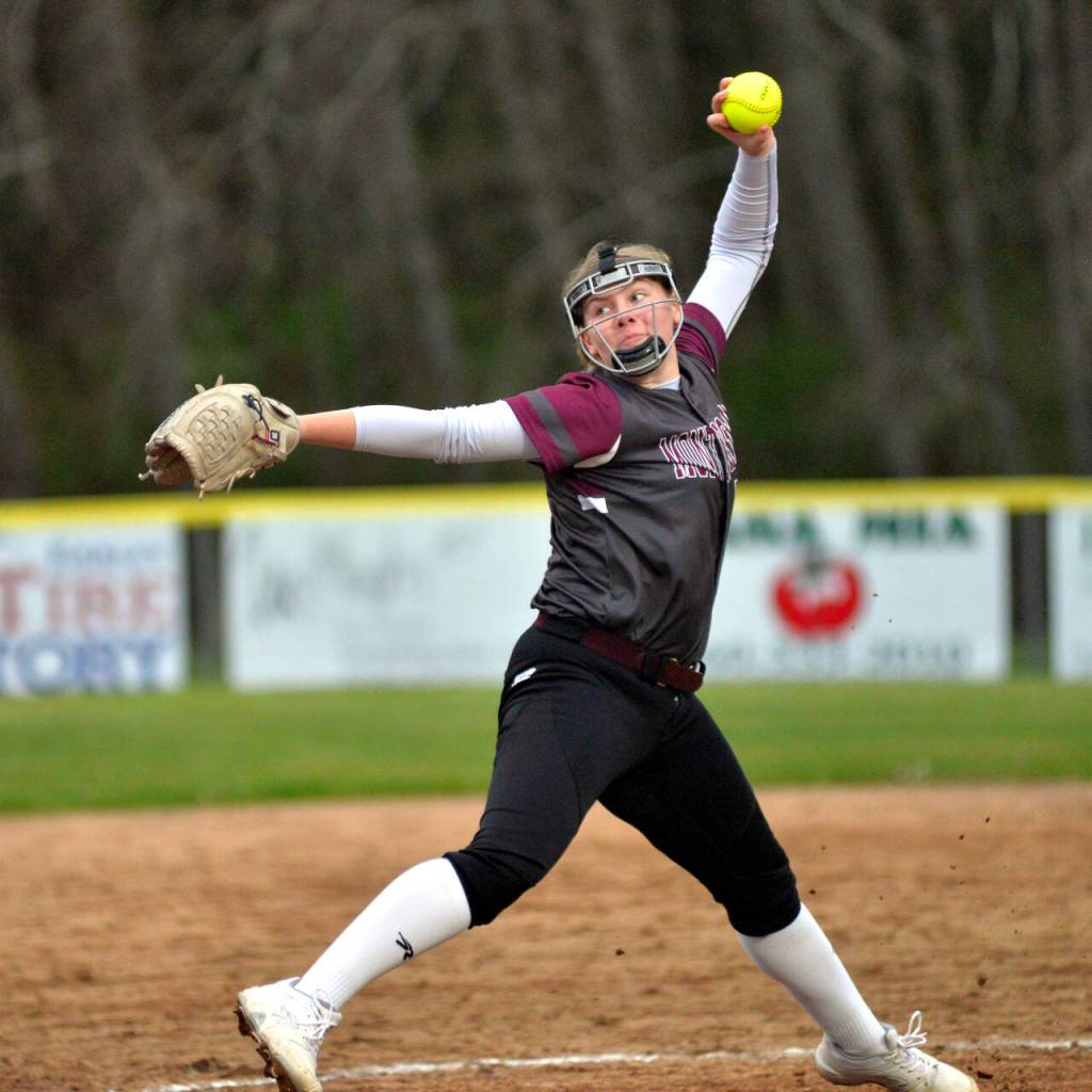 RYAN SPARKS | THE DAILY WORLD Montesano pitcher Reghann Fairbairn throws a pitch during a doubleheader against Hoquiam Tuesday evening at John Gable Park in Hoquiam. Fairbairn earned the win in the Bulldogs 7-1 victory in the nightcap.