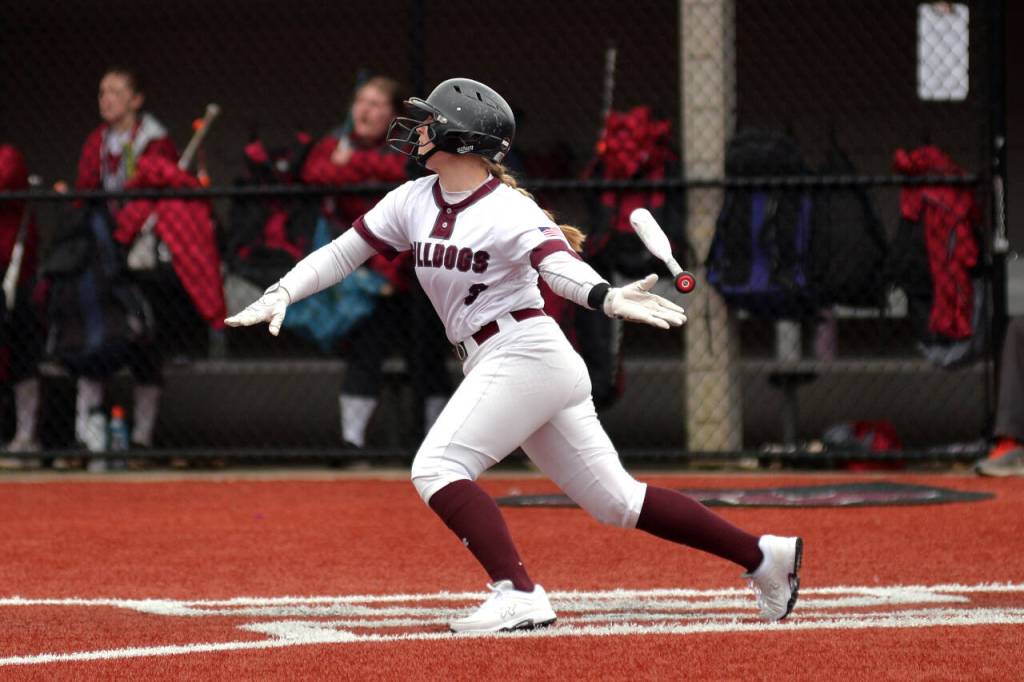 RYAN SPARKS | THE DAILY WORLD Montesanos Ali Parkin smashes a two-run home run in the first inning of a 7-4 loss to Hoquiam on Friday at Dick Tagman Field in Montesano.