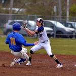 RYAN SPARKS | THE DAILY WORLD Aberdeens Kyle Miller awaits the throw of catcher Charlie Ancich while Rochesters Ashton Rodriguez (10) attempts to steal second base during Aberdeens 7-1 victory on Thursday at Ken Waite Field in Aberdeen. Rodriguez was called out on the play.