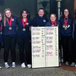 SUBMITTED PHOTO The Aberdeen Bobcats (from left) Britt Rajcich, Kaitlyn McCracken, Saylor Heikkila, Sarah Harder, Alice Earley, Anna Matisons and Keara Burns placed second in the team standings at the Sibley Scramble Tournament at Alderbrook Golf Course in Union on Monday. Rajcich and McCracken tied for first place with a score of 77.