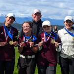 SUBMITTED PHOTO The Montesano Bulldogs (from left) Jessie LaLonde, Maggi Kupka, Hailey Blancas, head coach Doug Galloway, Iza Cope and Audree Dohrmann (far left) teamed up with Elma golfer Camberly Burgess (second from right) to win the team title at the Sibley Scramble Tournament at Alderbrook Golf Course in Union on Monday. Blancas and Kupka tied for first with a score of 77.