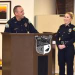 Aberdeen Police Chief Steve Shumate proudly recalls APD Officer Brandi Slaters heroic efforts to enter a burning house in order to save the lives of two men on Wednesday night, May 11, at the Aberdeen City Council meeting. (Matthew N. Wells | The Daily World)