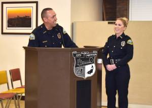Aberdeen Police Chief Steve Shumate proudly recalls APD Officer Brandi Slaters heroic efforts to enter a burning house in order to save the lives of two men on Wednesday night, May 11, at the Aberdeen City Council meeting. (Matthew N. Wells | The Daily World)