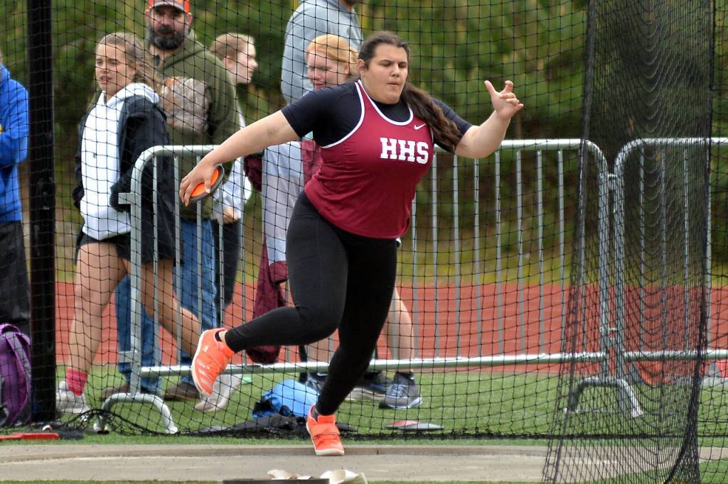 RYAN SPARKS | THE DAILY WORLD Hoquiams Tyara Straka won both the girls discus (pictured) and shot put events during the 1A Evergreen Sub-District Championships on Friday in Montesano.