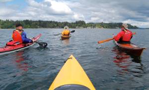 Ken Lambert | Seattle Times | TNS | File Photo 
South Sound Area Kayakers Club members Gerry Hodge, left, Holly Henry and Ted Henry paddle together during a trip from Boston Harbor to Hope Island State Park in Washington.