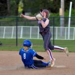 RYAN SPARKS | THE DAILY WORLD Hoquiam shortstop Graci Bonney-Spradlin attempts to turn a double play after forcing out Eatonvilles Brooke Blocker (8) at second during the 1A District 4 championship game on Saturday at Fort Borst Park in Centralia.